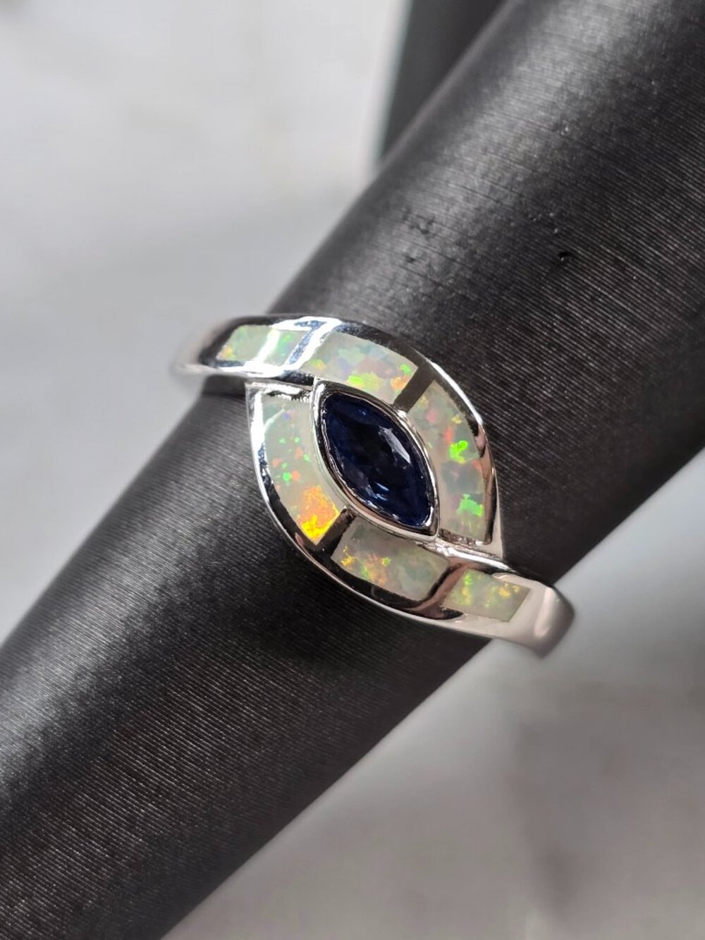 Womens Sterling Silver Opal Tanzanite Modernist Ring 3.6g E4198